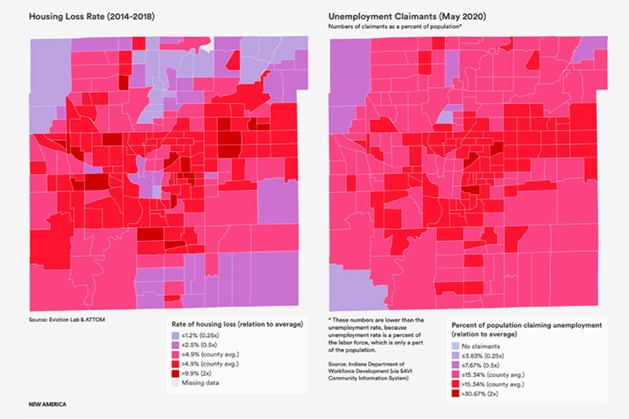 In a SAVI mapping project from Indiana University’s Polis Center, census tract-level accounting of unemployment claims helps to spatialize pandemic-related job loss in a similar manner to how our housing loss index spatially visualizes displacement.