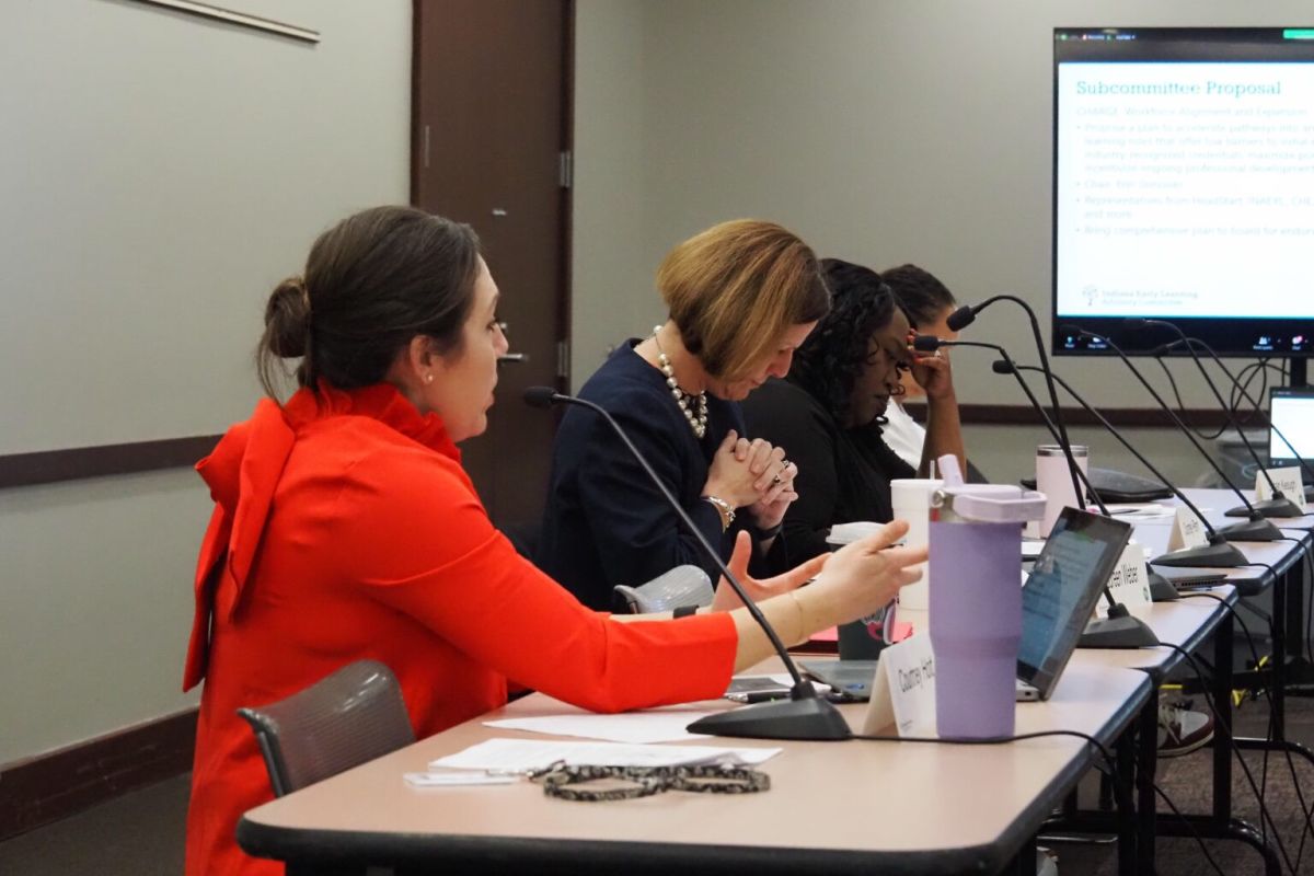 Courtney Hott, the director of ELAC, outlines a subcommittee on childcare workforce issues before the Early Learning Advisory Committee (ELAC) on Dec. 20, 2023.