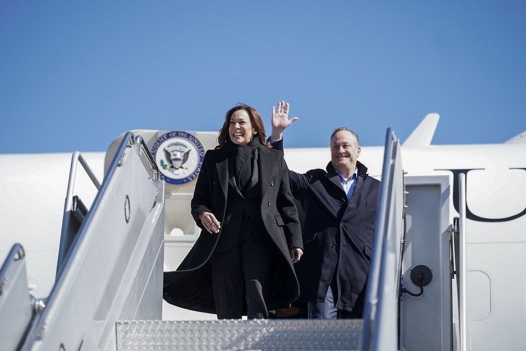 Vice President Kamala Harris and Second Gentleman Douglas Emhoff disembark Air Force Two at Denver International Airport Monday, March 6, 2023, in Denver.