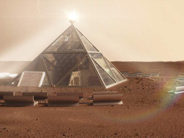 An artist's rendering of a pyramid structure on Mars.