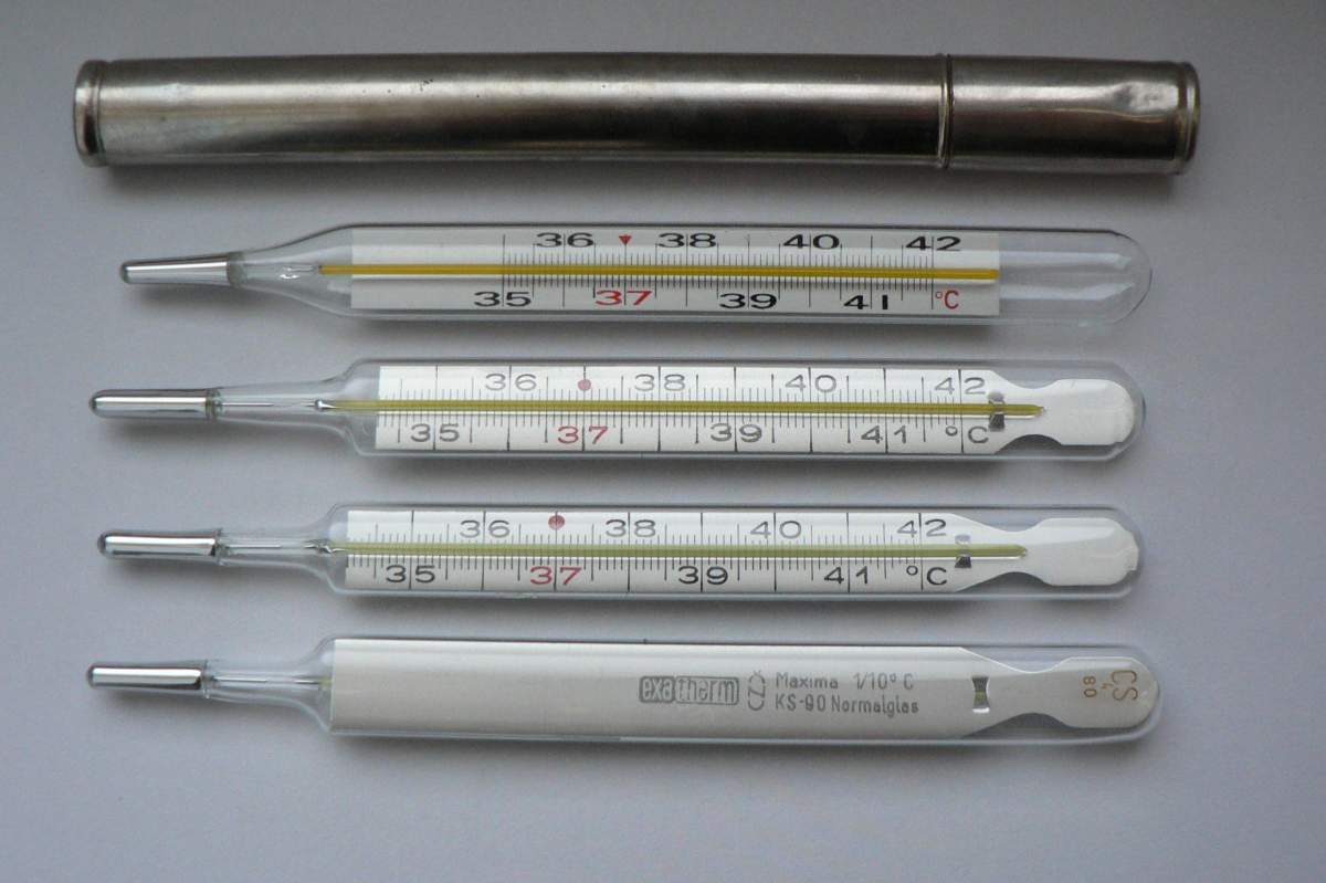 Large, old-fashioned mercury thermometers