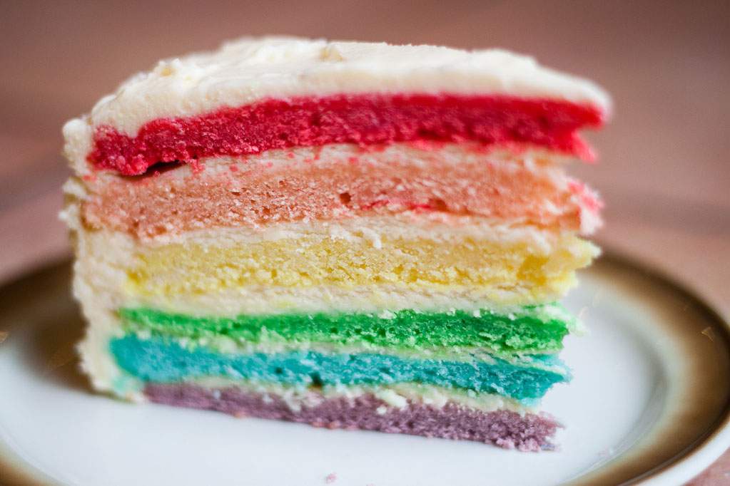 a cake with rainbow layers