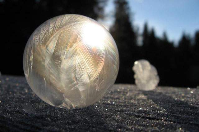 A frozen soap bubble illuminated by sunlight