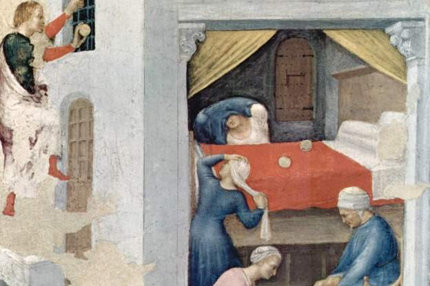 From a Saint Nicholas miracle legend: The dowry for the three virgins, depicted by Gentile da Fabriano, (c. 1425, Pinacoteca Vaticana, Rome).