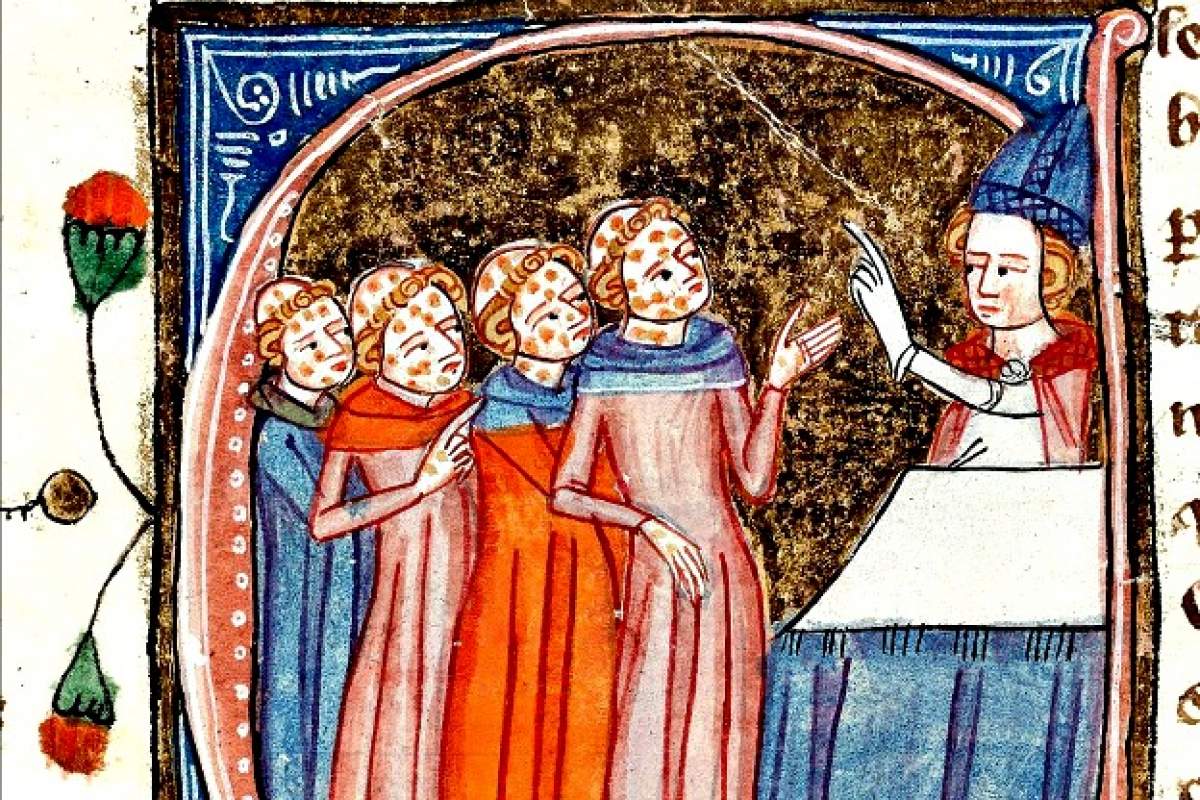 Disfigured plague victims being blessed by a priest, a detail depicted in the 14th-century manuscript Omne Bonum by James le Palmer.