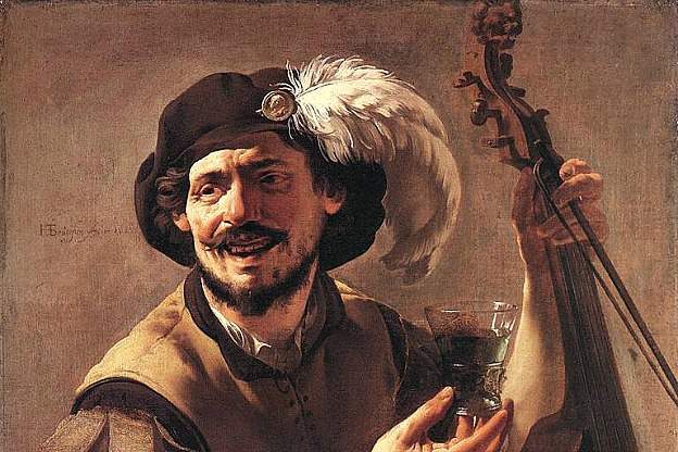 Detail from the painting A Laughing Bravo with a Bass Viol and a Glass, (1625), by Hendrick ter Brugghen.