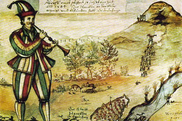 The oldest picture of the Pied Piper copied from the glass window of the Market Church in Hameln/Hamelin, Germany, commissioned by Augustin von Moersperg (c. 1592).