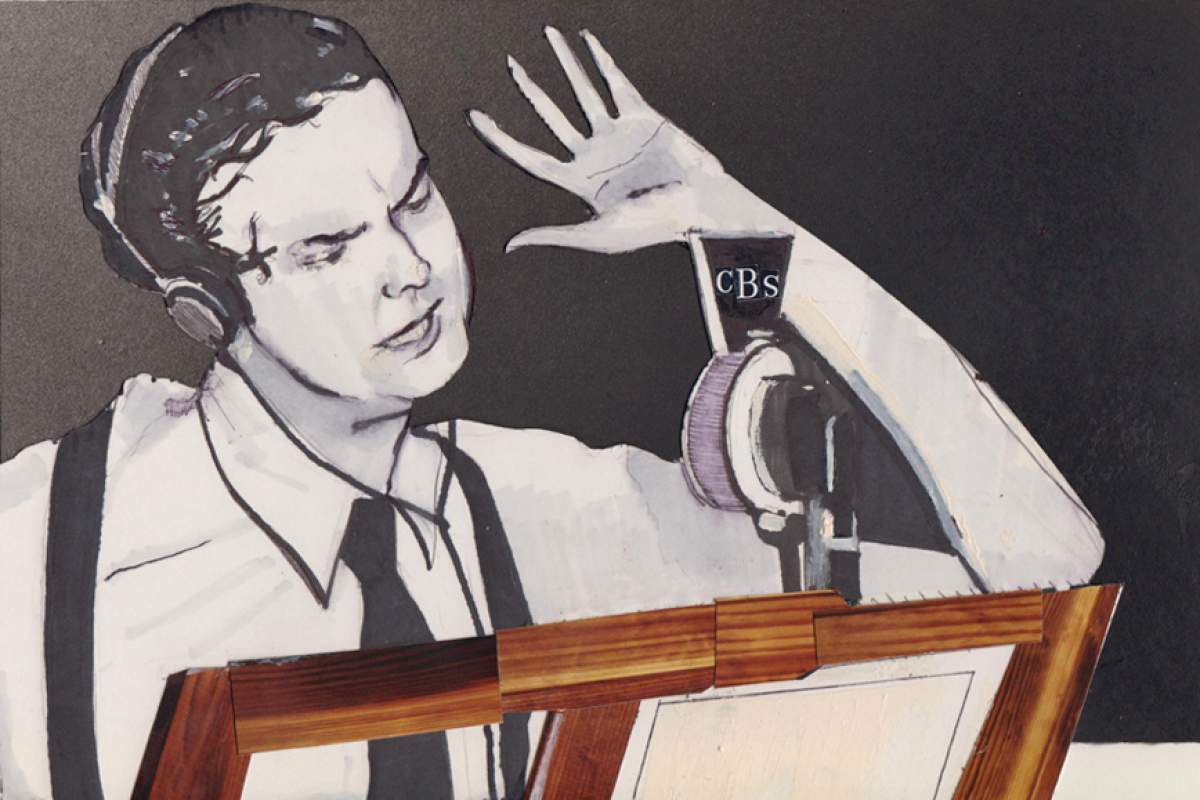 An illustration based on a photo of Orson Welles directing broadcast of