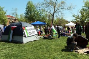 Anti-war protestors at Indiana University set up a tent in anti-war protest on April 25, 2024.