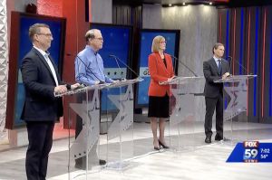 From left to right, Eric Doden, U.S. Sen. Mike Braun (R-Ind.), Lt. Gov. Suzanne Crouch, and Brad Chambers participated in the first televised debate of the 2024 Republican gubernatorial primary on March 26, 2024
