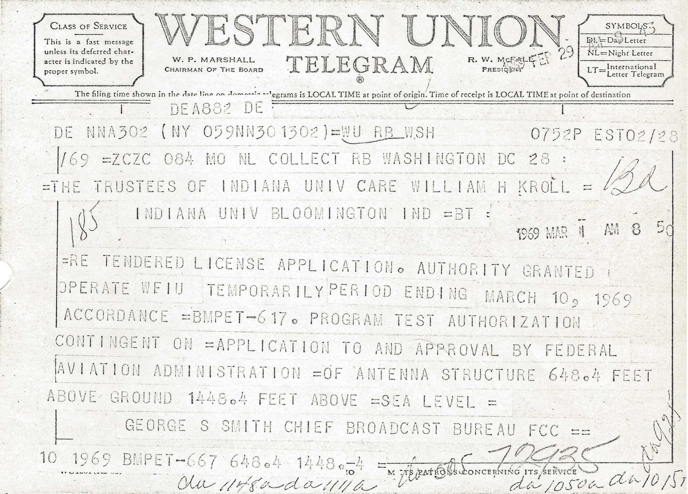 Western Union telegram sent by the FCC in 1969 authorizing WTIU to begin broadcasting