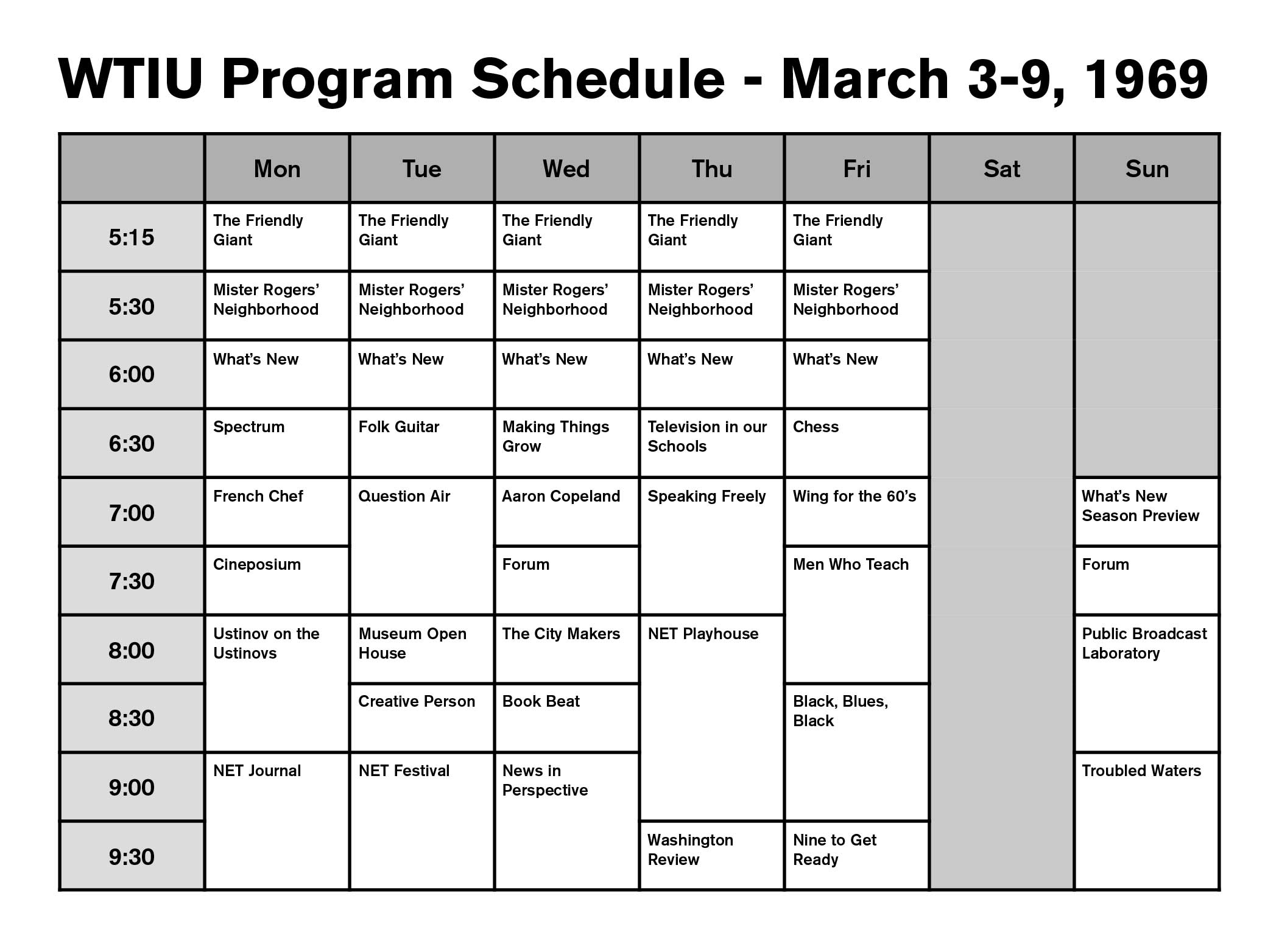 1969 WTIU Program Schedule
