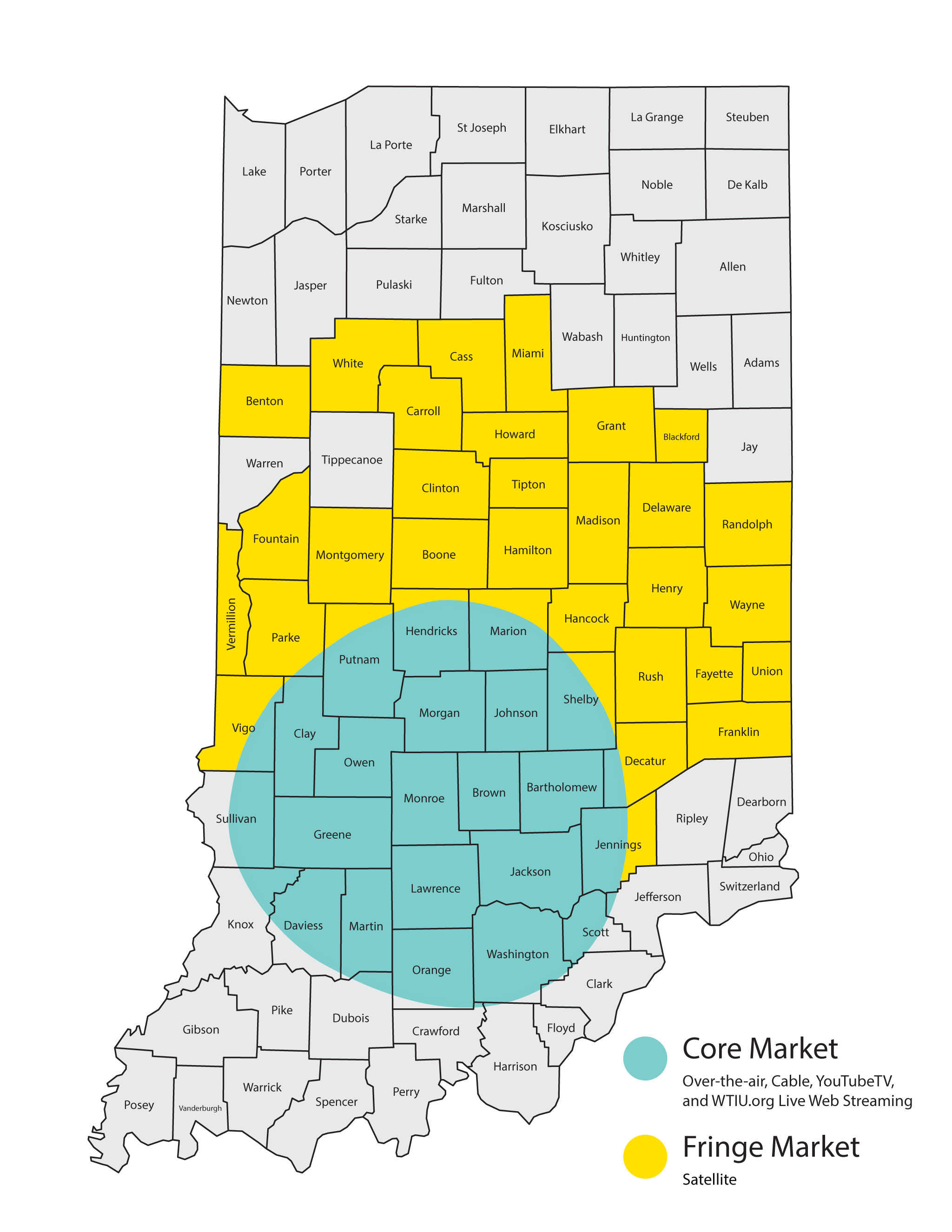 Map of WTIU's broadcast and satellite coverage in Indiana.