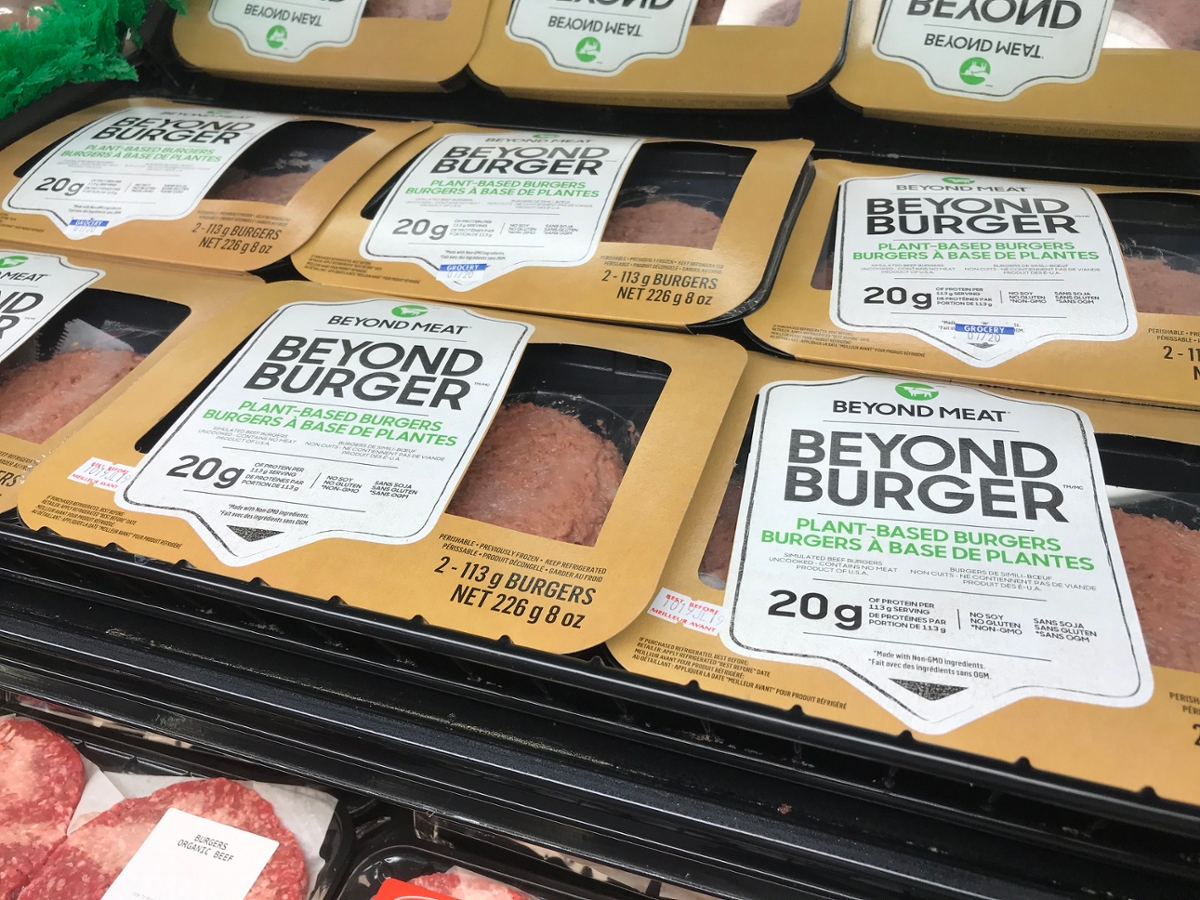 A popular brand of plant-based burger patties in a grocery store