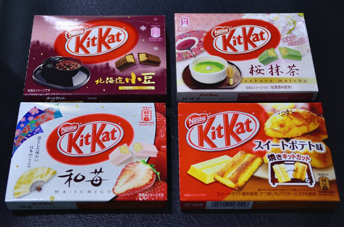 Four variations of Kit Kat flavors that can be found in Japan