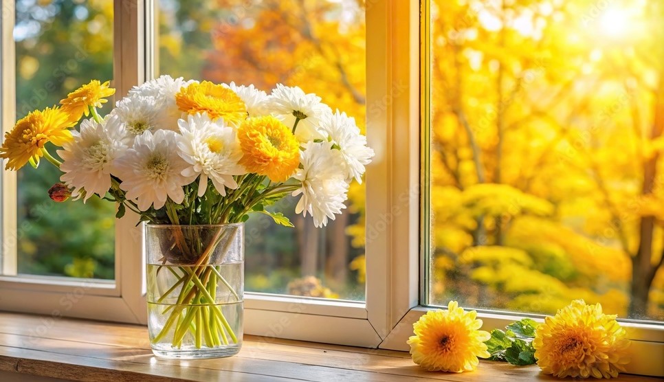 Flowers in a sunny windowsill