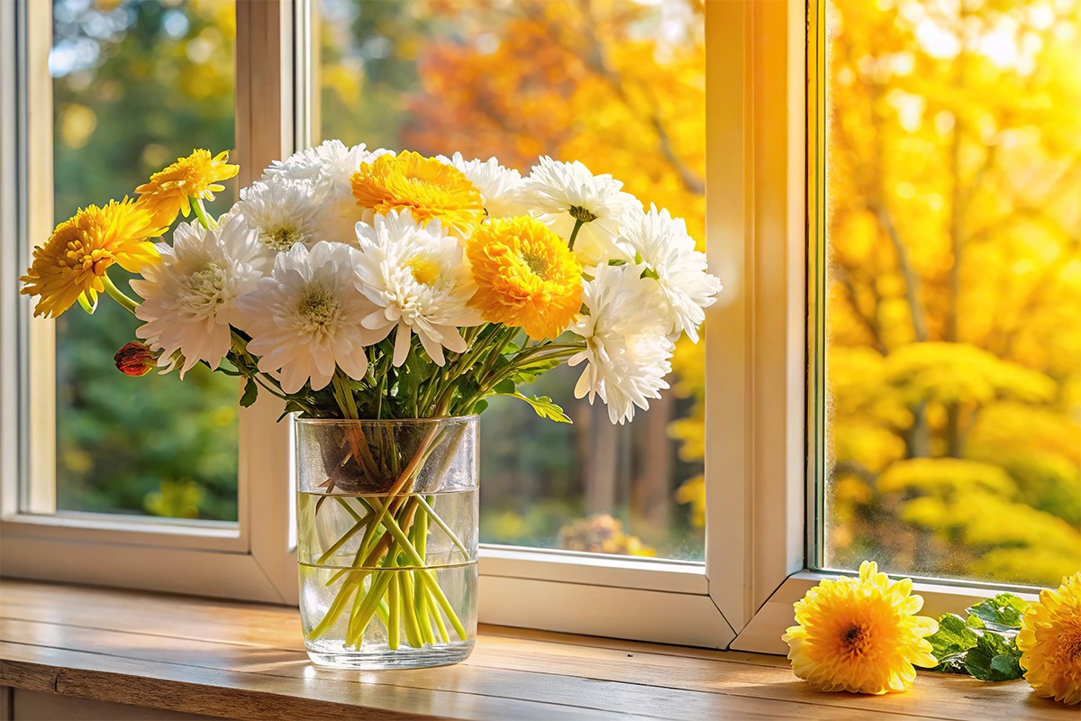 Flowers on sunny windowsill