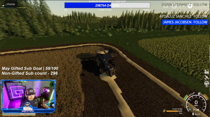 A pixilated image of a farm field with tractor and a small rectangle with a guy in lower left corner. Various gauges and numbers on the screen.