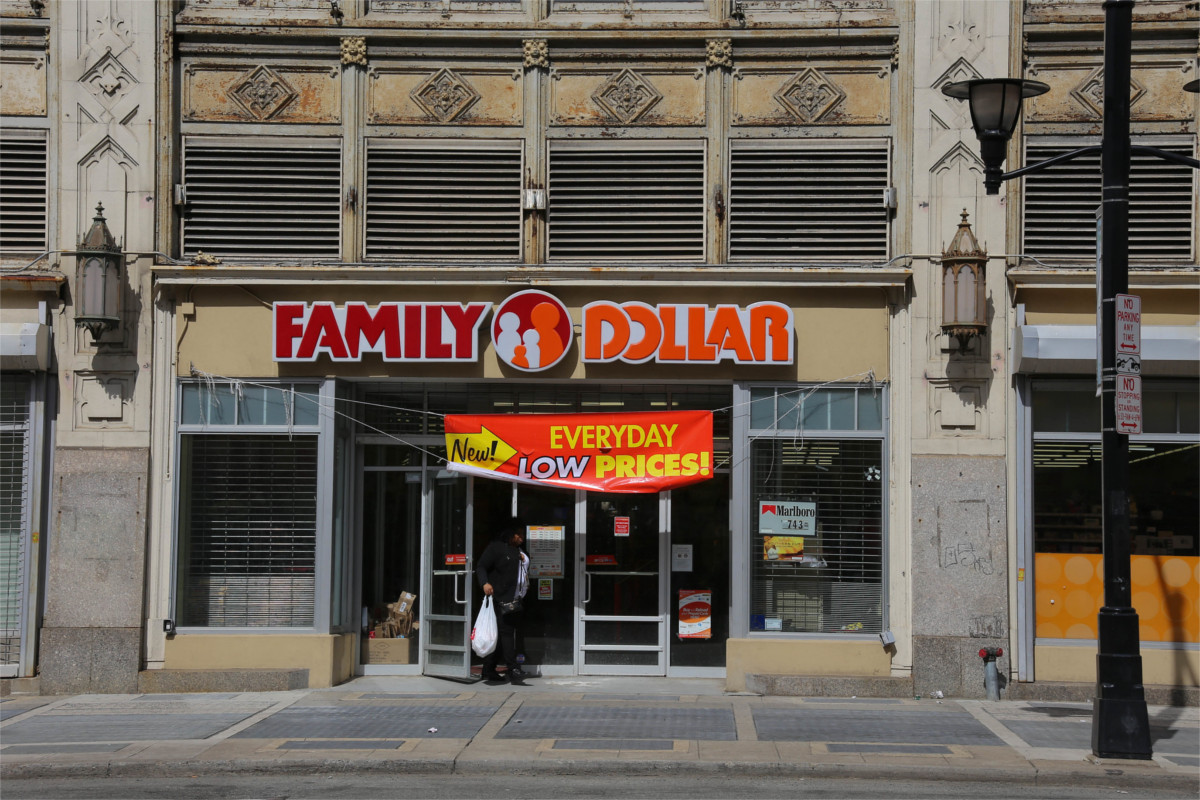 Family Dollar storefront in an older, ornate building.