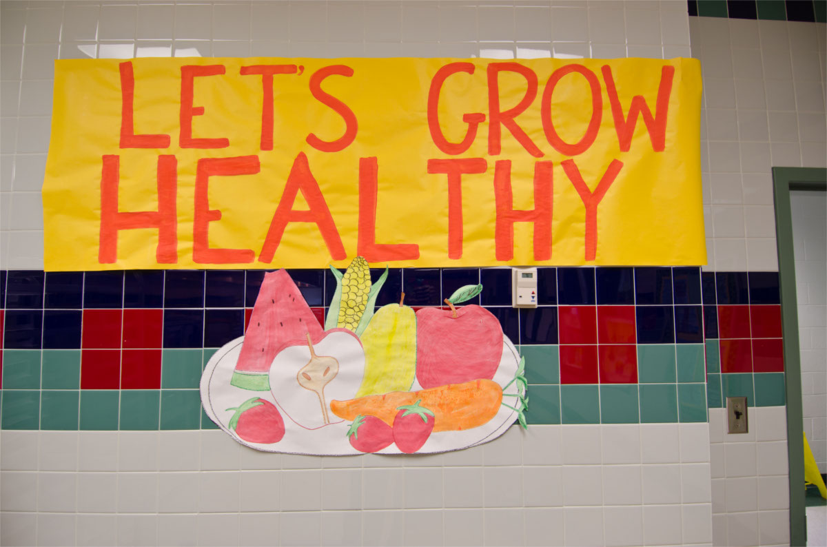 a poster about healthy food at a school cafeteria