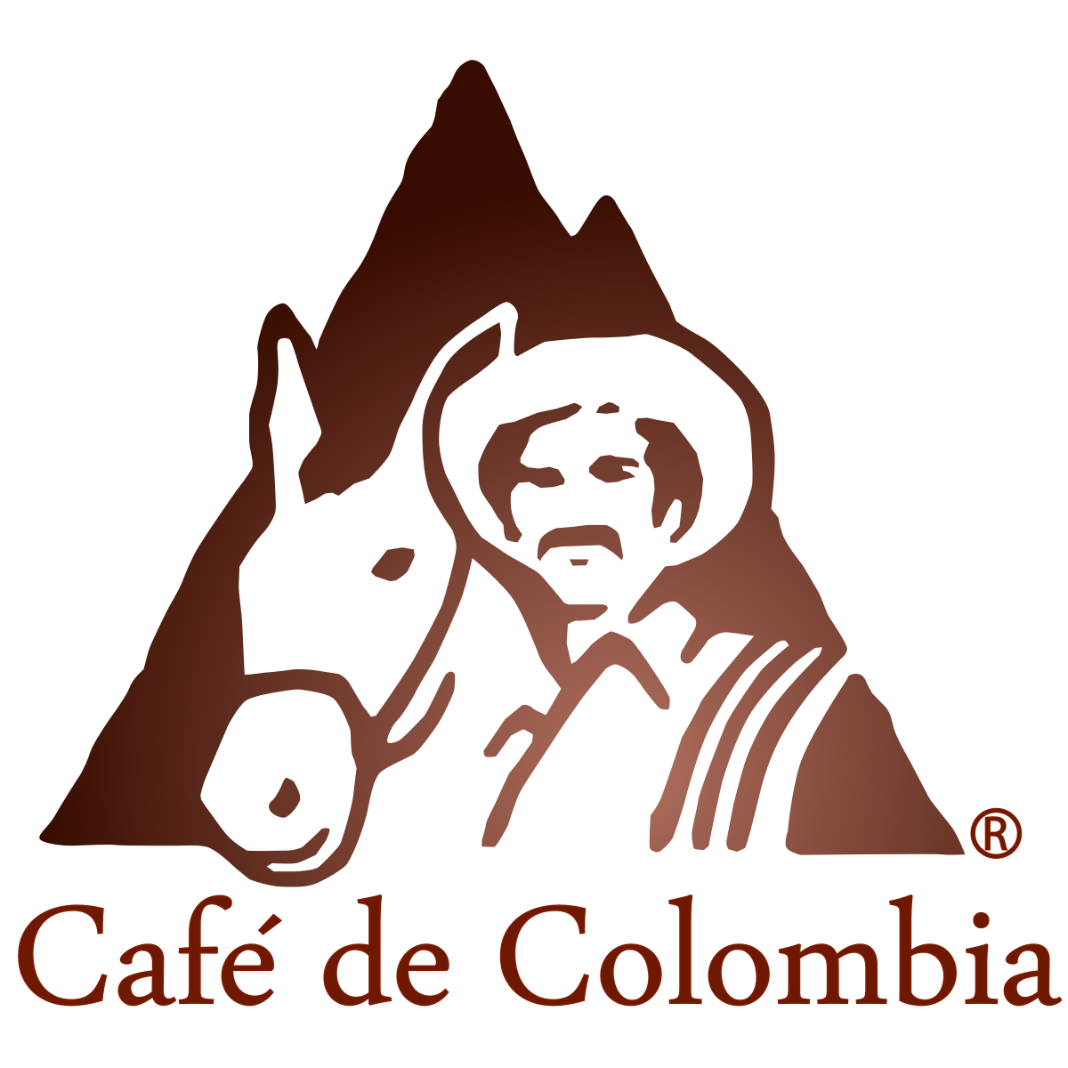 Logo for Cafe de Colombia, a graphic of a man with a wide brim hat, mustache with a burro and mountains in the background