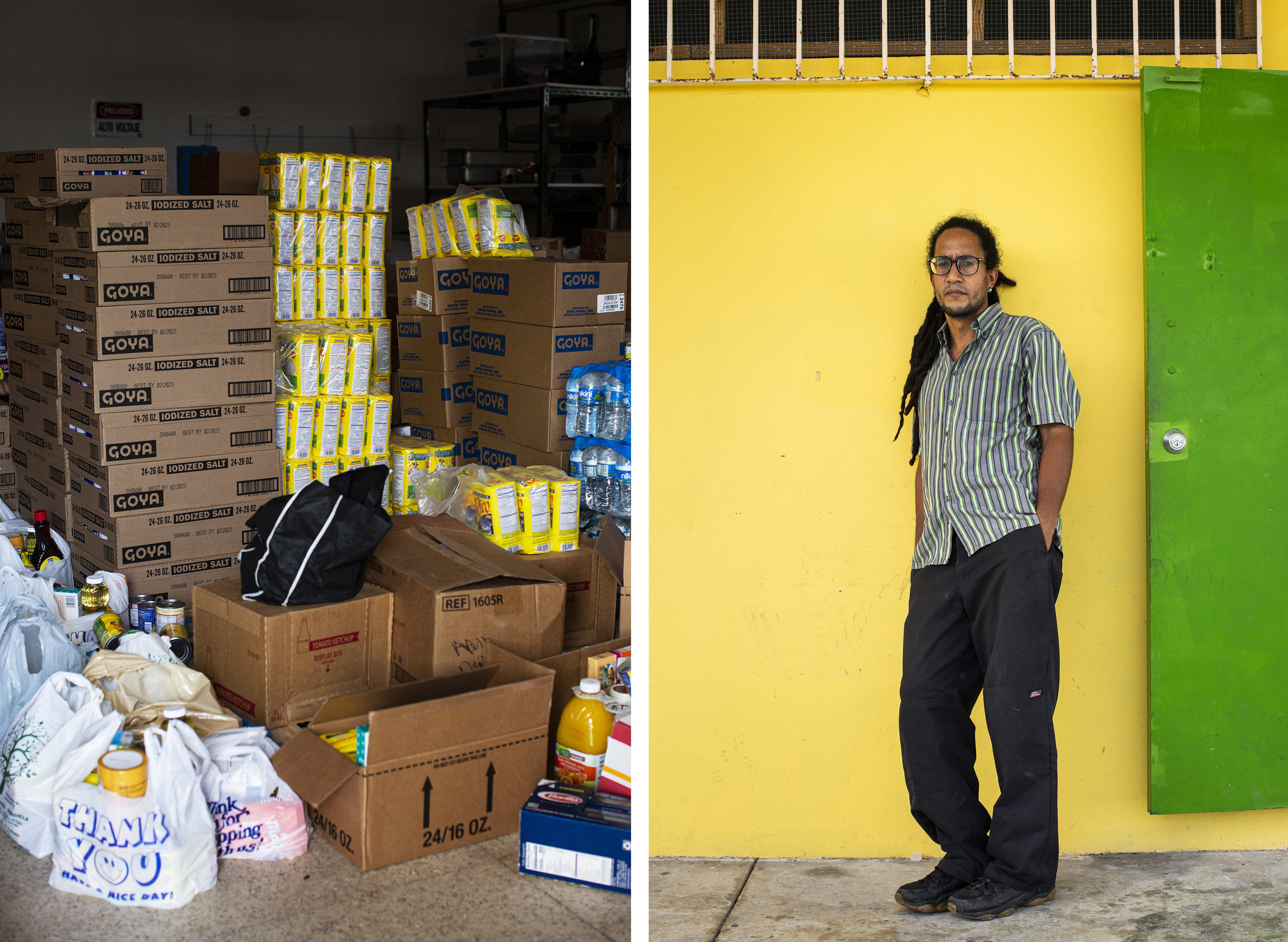 A split image- on the left, boxes and bags of non parishable food items in a storage areas. On the right, Giovanni Roberto leans against a bright yellow wall, with a bright green door next to him.