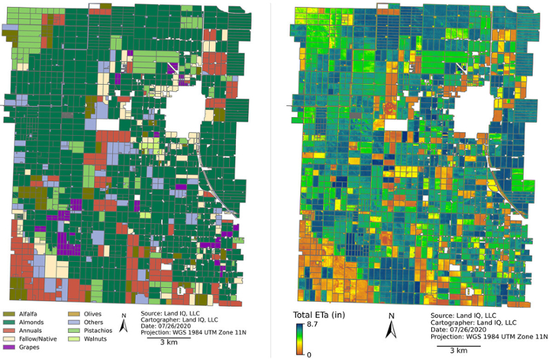 Two maps showing the crops and water consumption of crops in  California's Central Valley 