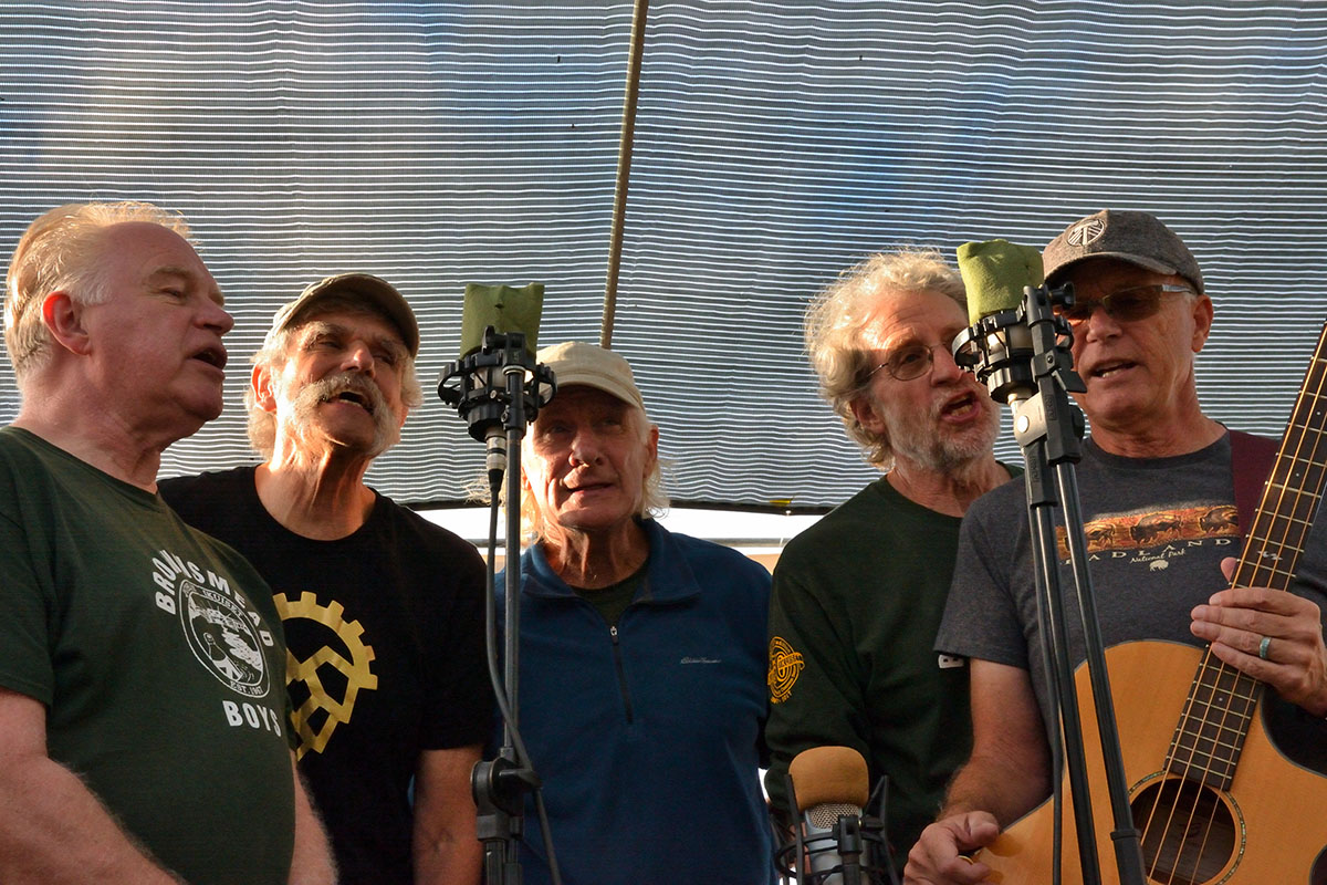 Five grey-haired guys standing around micophones on an outdoor stage with a sunshade behind them. One is holding a guitar.