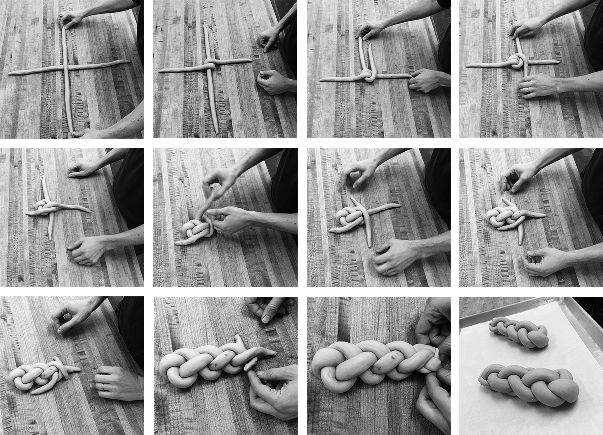 A grid of black and white photos showing the steps of braiding dough for challah loves. 