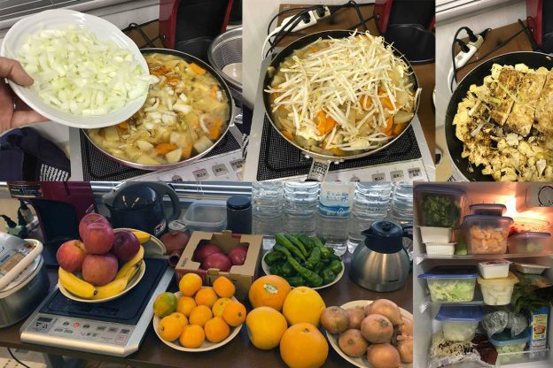 A collage of images of kitchen equipment and food in pots on a table in an office.