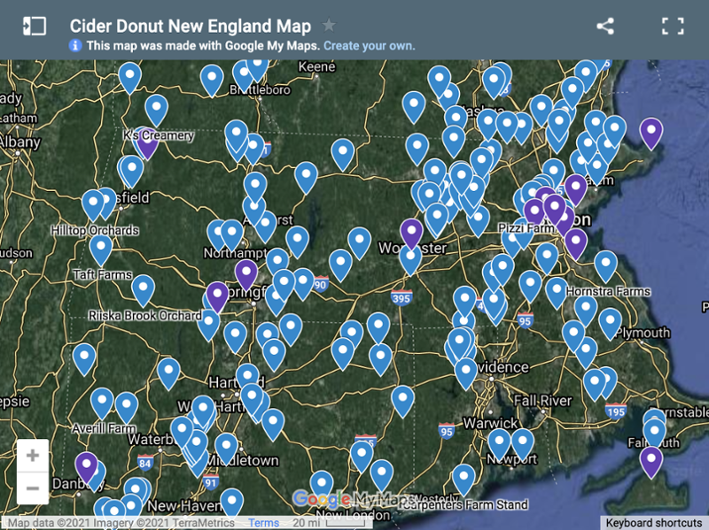 Map of where you can get Apple Cider Donuts in New England 