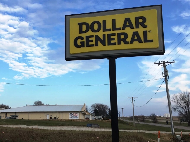 Dollar General sign in a rural community 
