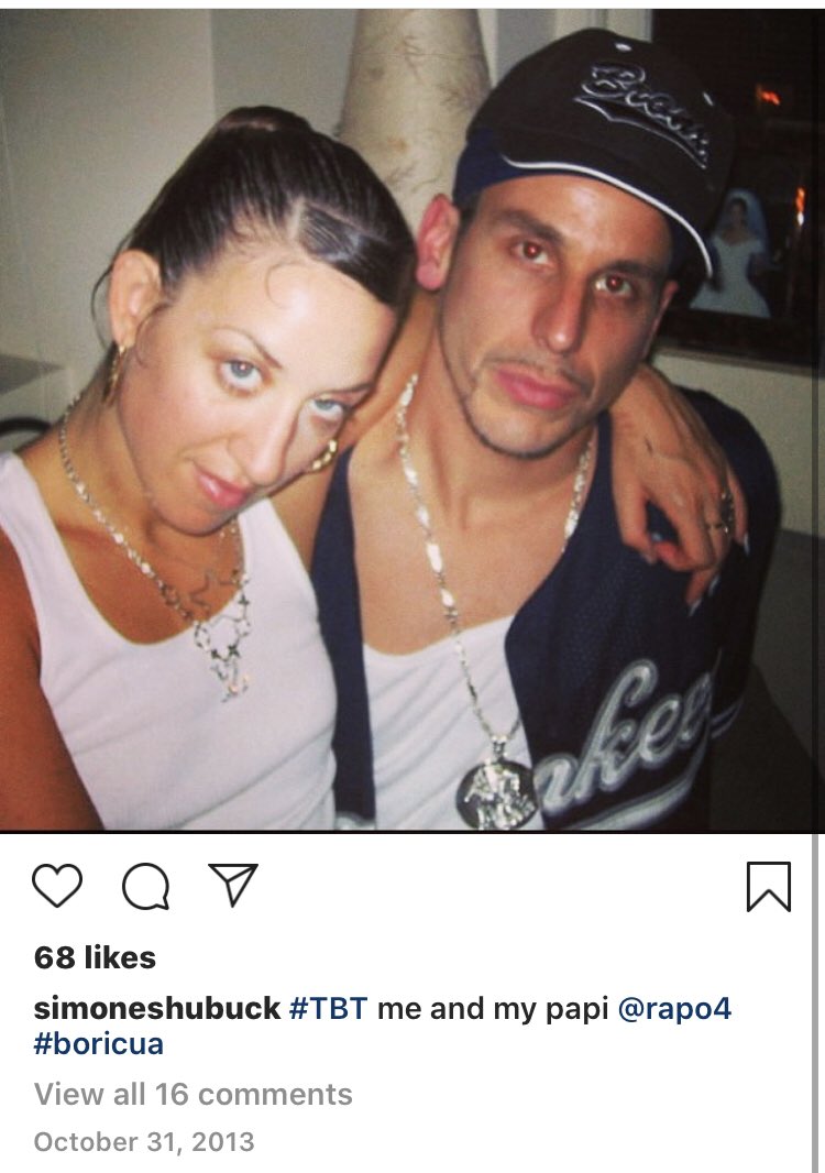  Social media post from 2013 of Adam Rapoport and Simone Shubuck, wearing stereotypical costumes meant to portray Puerto Rican dress with text: simonteshubuk 3TBT mean my papi @rapo4 #boricua