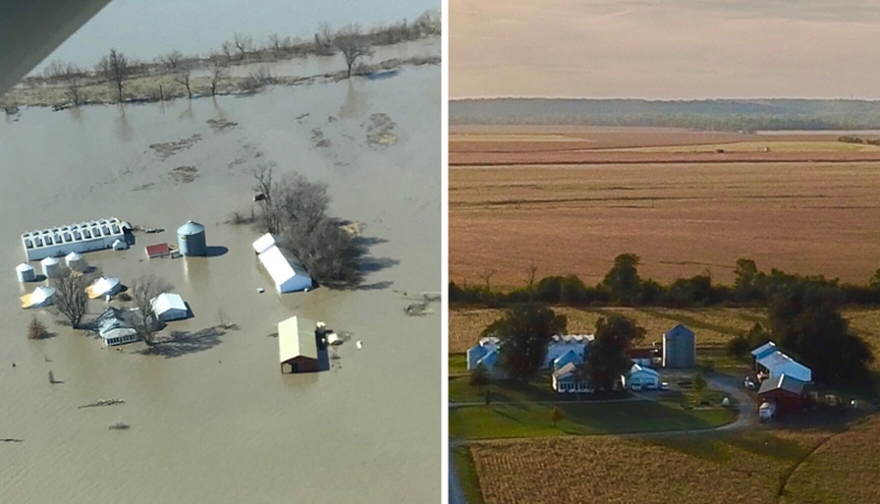 a farm shown after a flood (left) and before (right)