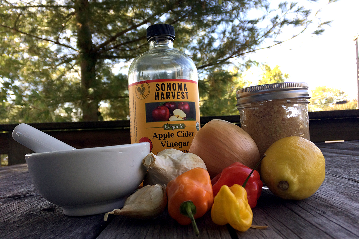 Hot chilies, garlic, cider vinegar, lemon, onion, mortar and pestle arranged on an outdoor table