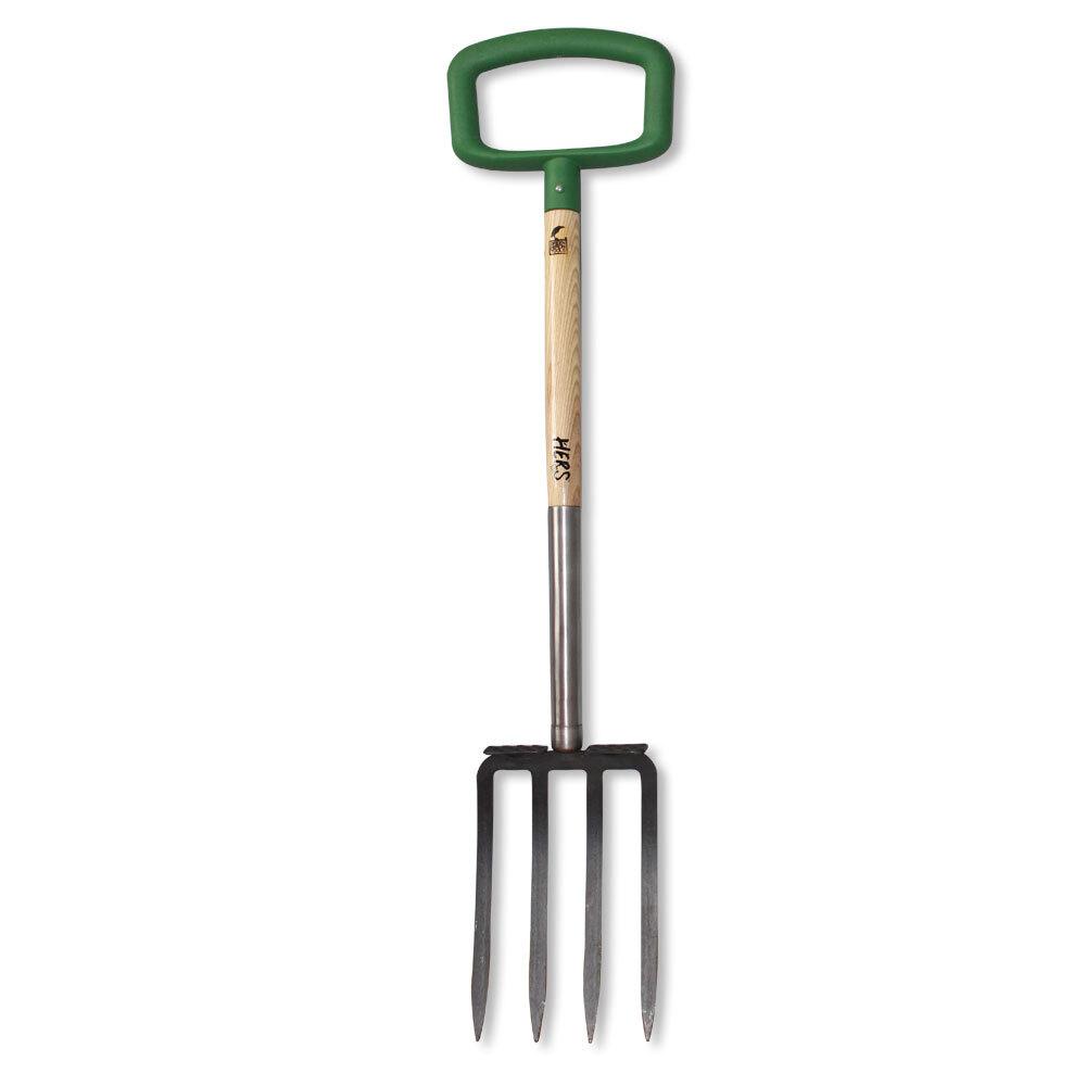 A four pronged garden fork with a large green handle.