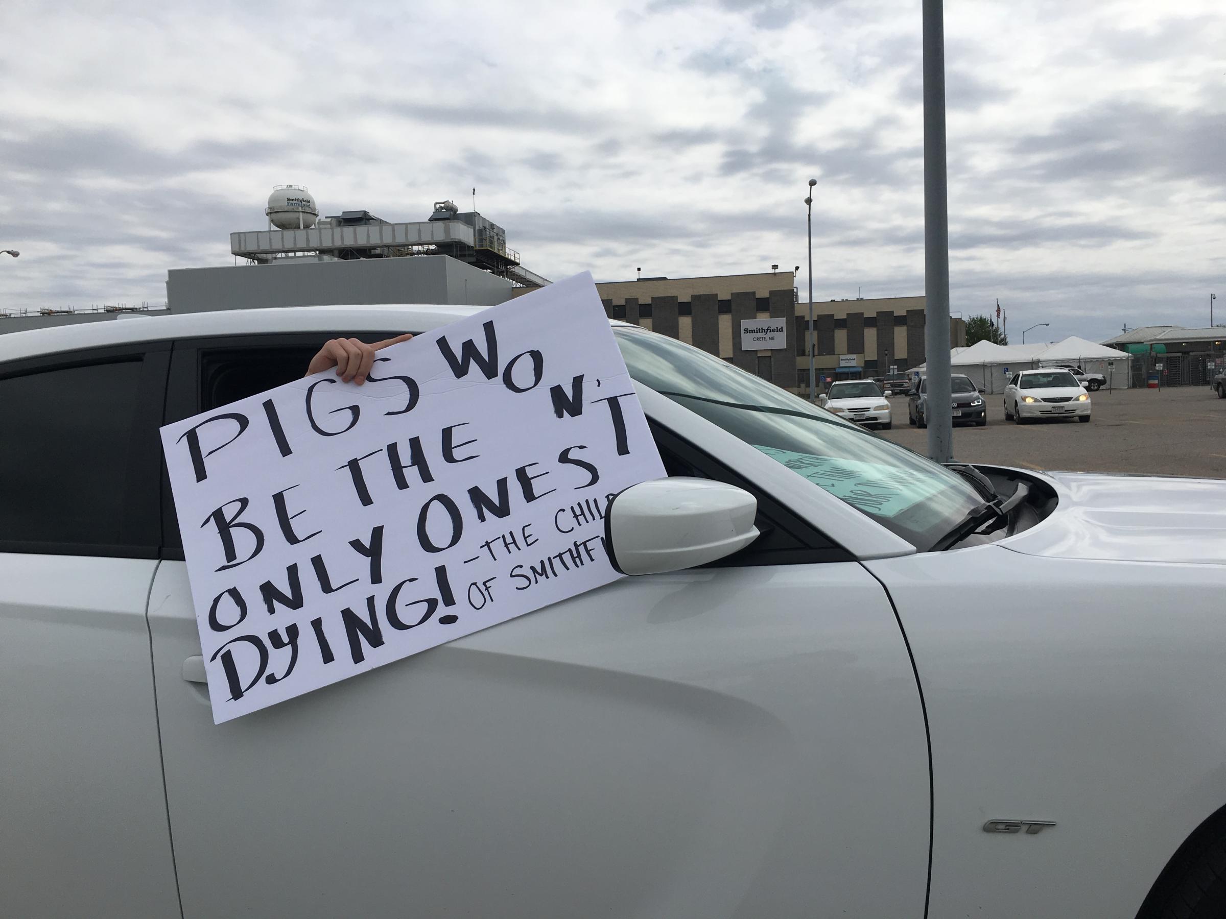 A sign in a car window that reads: Pigs won't be the only thing dying--the child of Smithfield. The Smithfield plant is in the background.