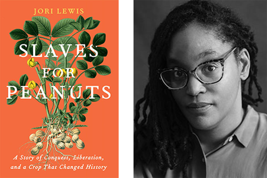Book cover for Slaves for Peanuts, a peanut plant illustration on an orange background, and a black and white headshot of Jori Lewis next to it. 