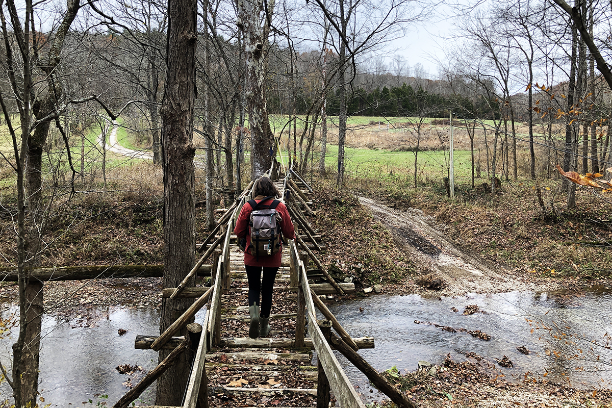 Marie O'Neill in red jacket and backpack walking accross a rustic wooden foot bridge over a shallow river surrounded by bare limbed trees. The view is from behind her on the bridge