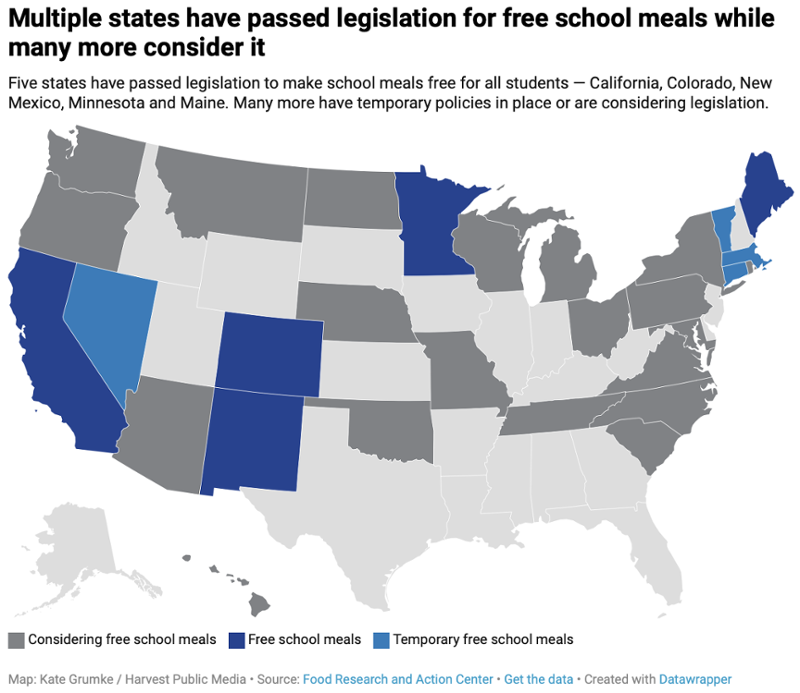 map labeled "Multiple states have passed legislation for free school meals while many more consider it"