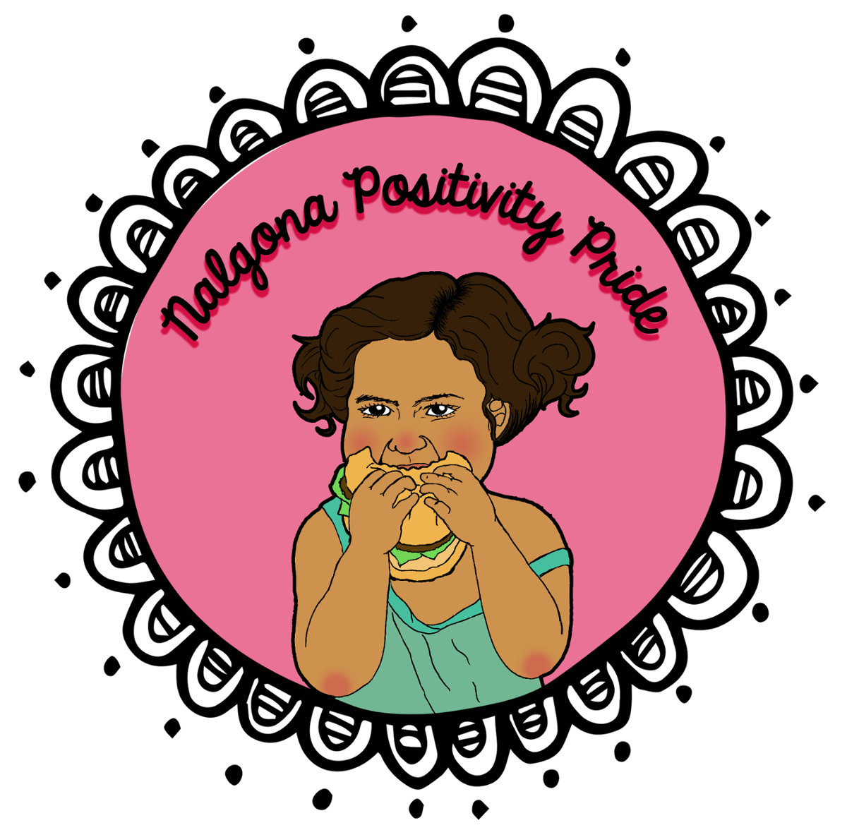 graphic with a pink circle, black line scallop around the edge and a drawing of a girl with brown curly hair and rosey cheeks eating a hamburger 
