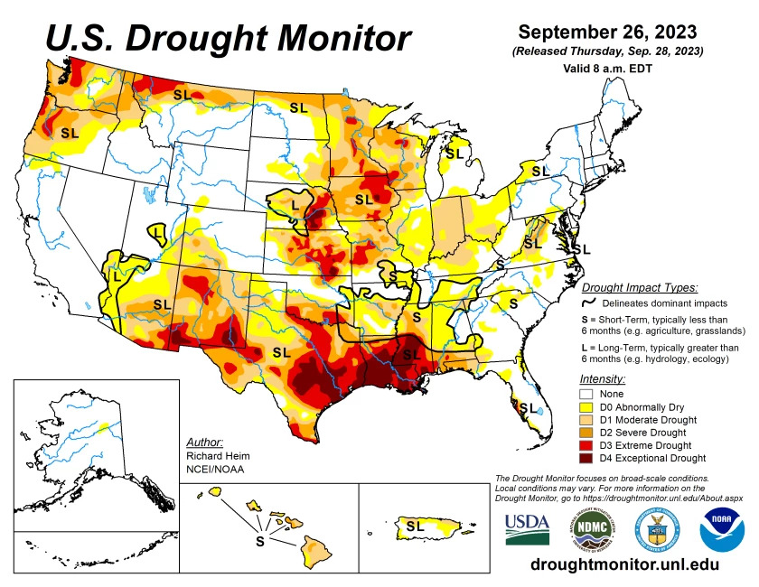 Map of the US which displays the intensity of drought in warm toned colors