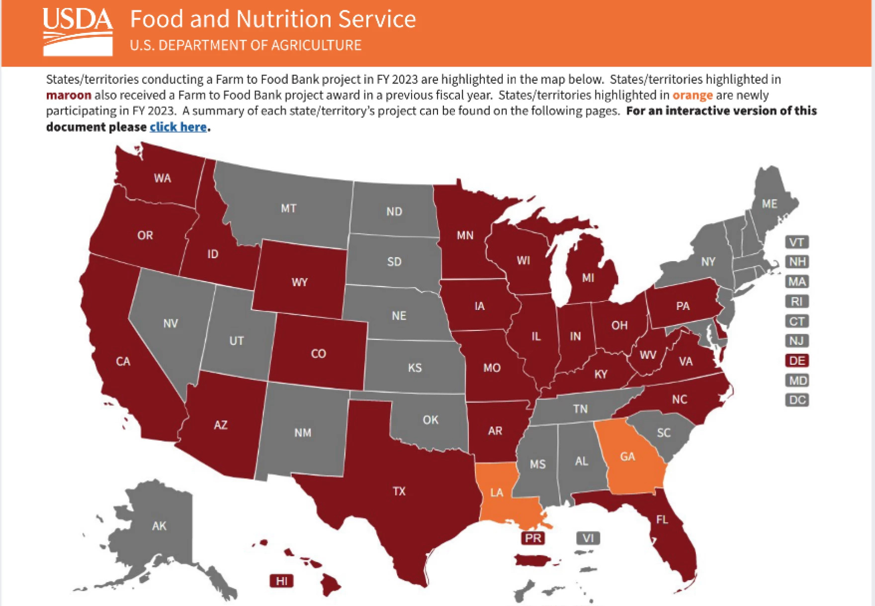 A map of the US showing which states are utilizing farm to food bank