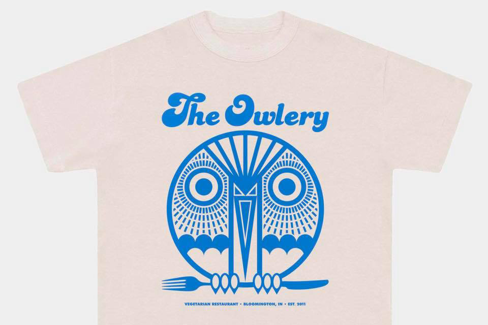 Pale t-shirt printed with a blue owl graphic and The Owlery on a white background