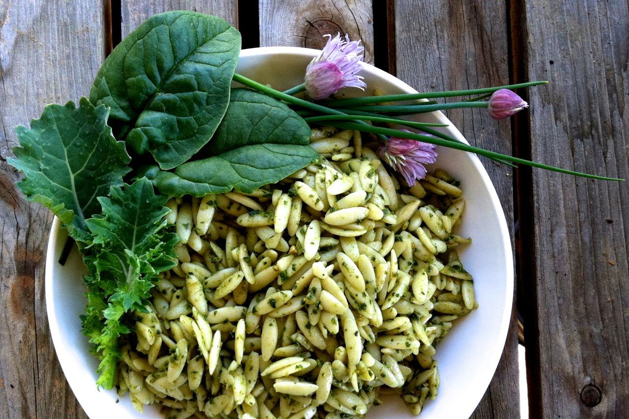 Pesto on orzo pasta with chive blossom, spinach and baby kale garnish--in a white bowl.