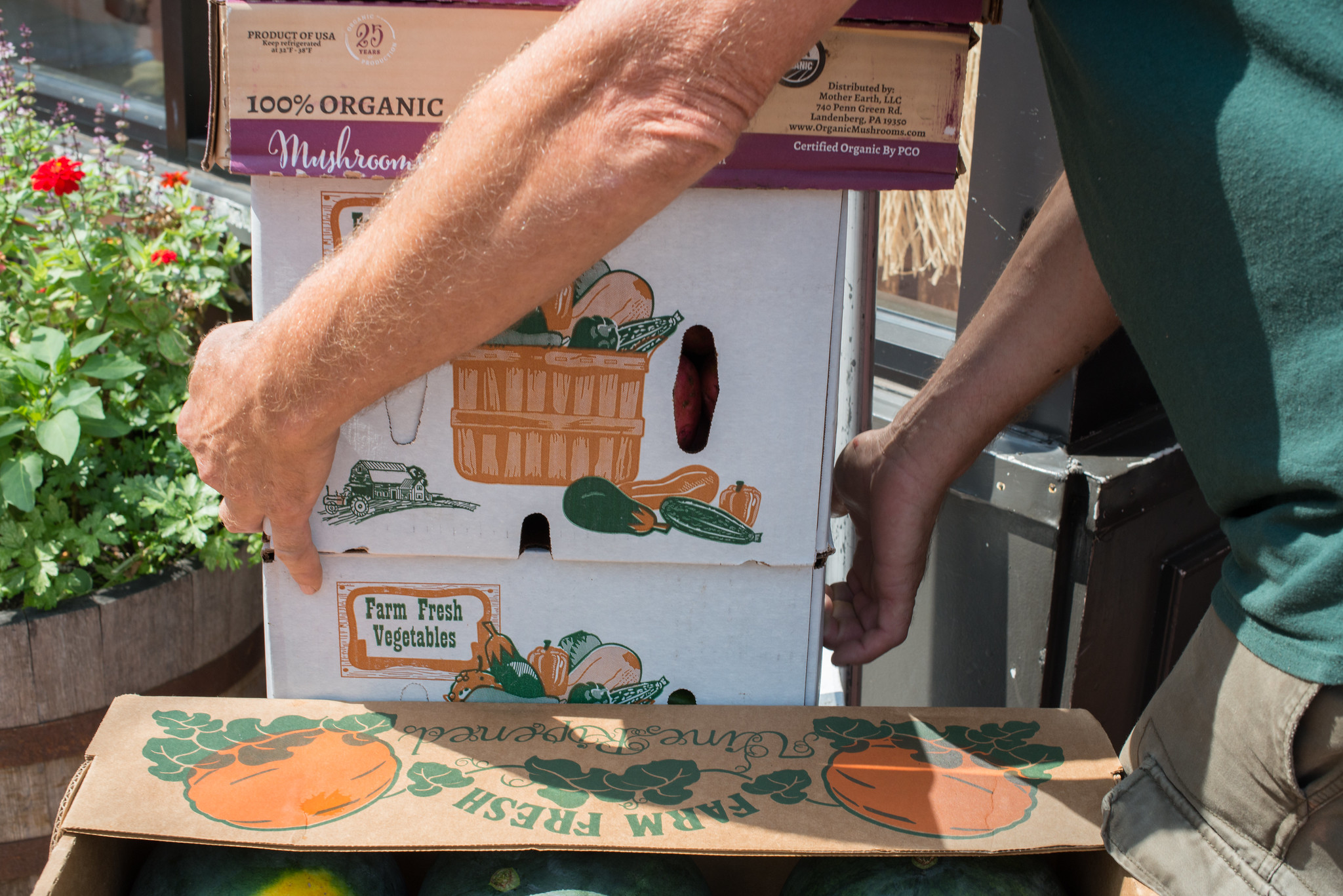 Arms moving a produce box, on a stack of boxes outside.