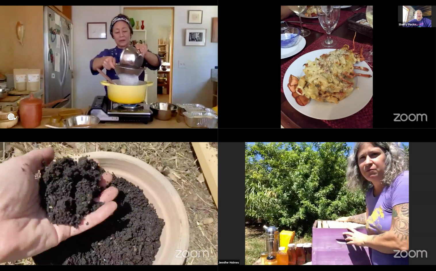 A grid of four screen shots of zoom sessions. One is a woman pouring a white substance into a seive over a yellow pot on a stove, two a plate of pasta covered lobster, three a hand in a pot of soil, four a woman with an open beehive and jars of honey