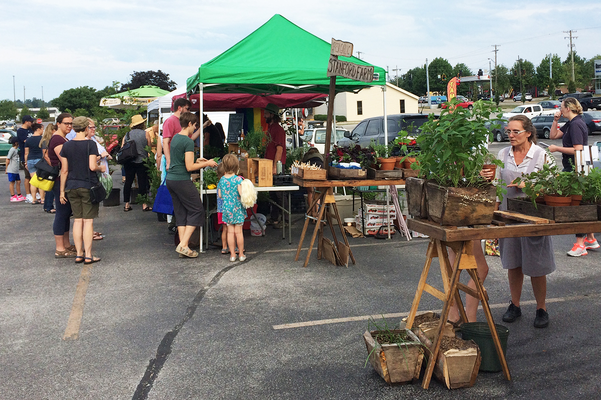 Several farm stalls in a parking lot, with customers and vendors