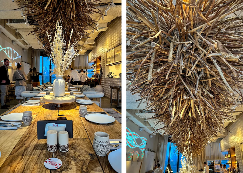 A Woden table (left) and chandelier (right)