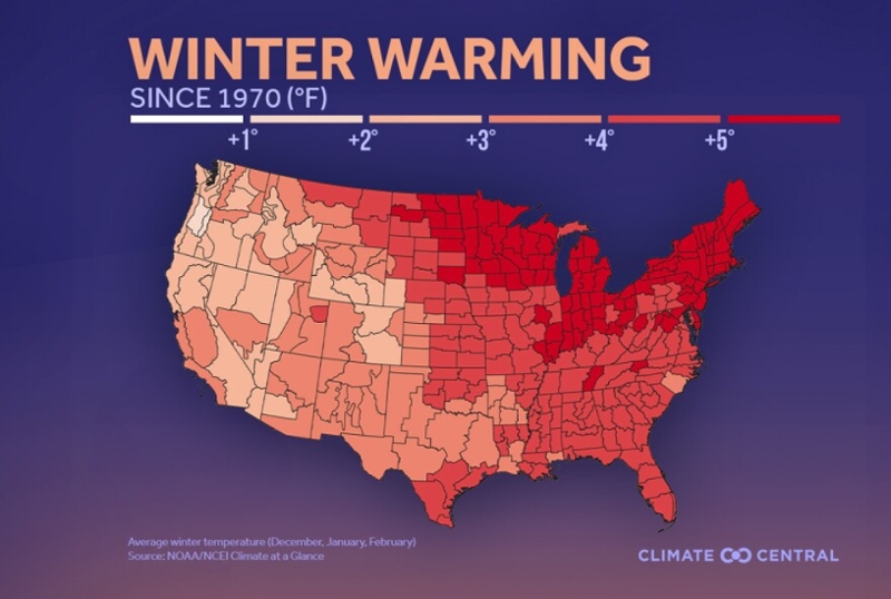 Map of winter warming in the US
